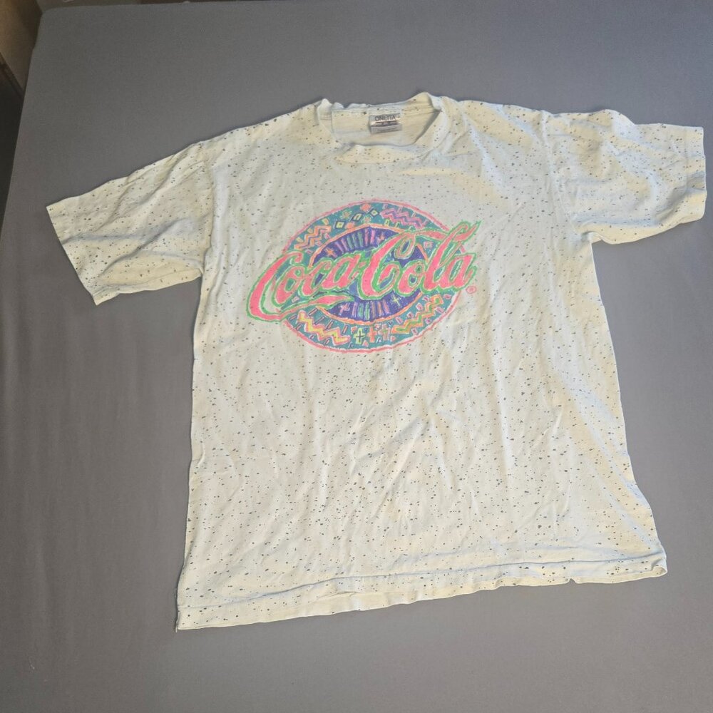 Vintage Coca Cola Logo T-shirt- Printed on White Oneita shirt with black dots- L